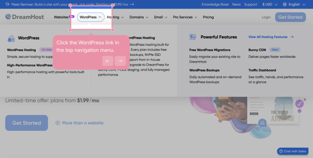 Select WordPress on the Dreamhost site.